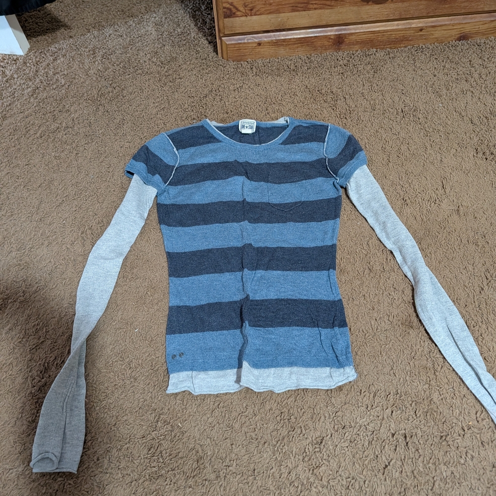 Converse Womens Long Sleeve Blue and Gray Striped Tee